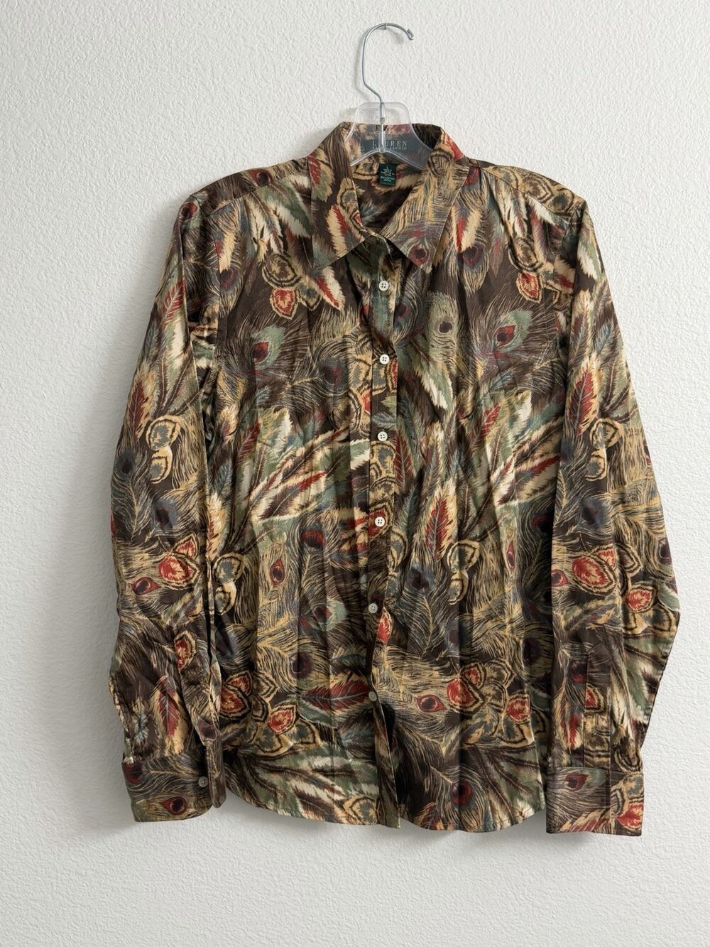 Lauren Ralph Lauren Button Up Shirt Women’s L Cotton Peacock Feather Print Brown